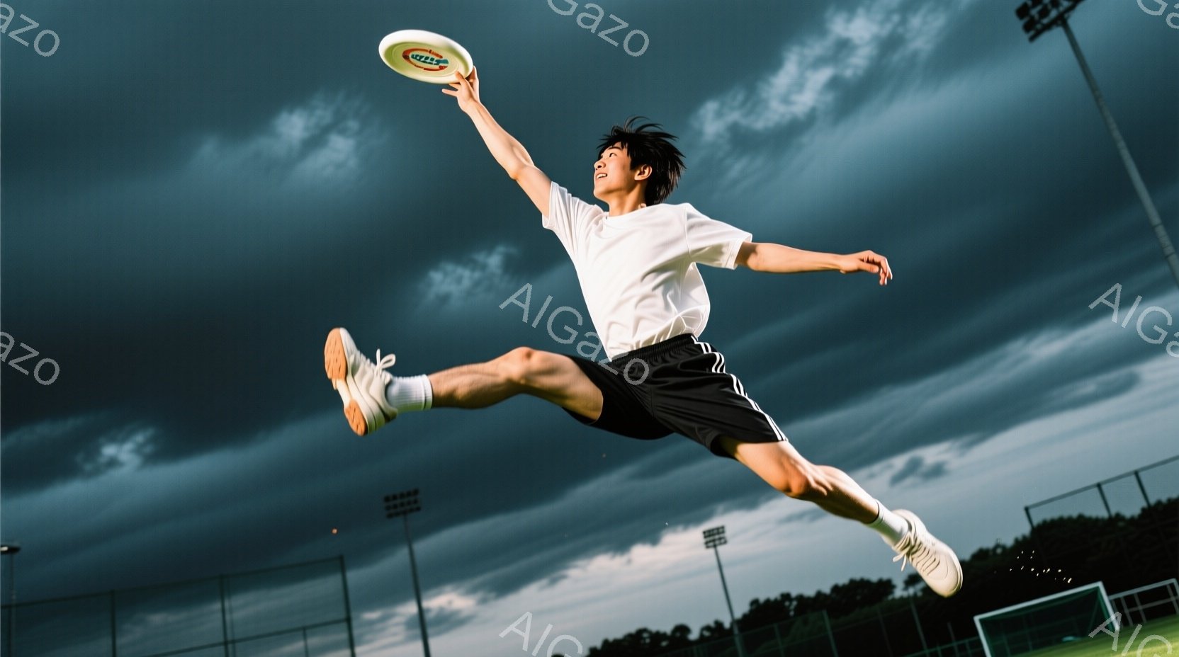 空中でディスクをキャッチしようとしている若い男性が写っています。彼は白のTシャツと黒の短パン、白い靴を身につけ、髪は短く、表情は真剣です。背景にはサッカーコートのような緑地と、暗雲が立ち込める空が広が - AI生成フリー素材