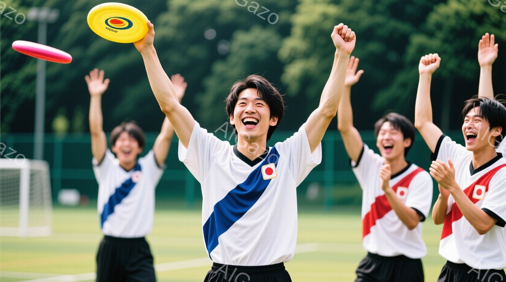 四人の若い男性が、緑の芝生の上で楽しそうにしている様子が写っている。白いポロシャツに紺色のラインと日本の国旗のマーク、黒い短パン姿で、皆が顔を上げて笑い、腕を高く上げている。背景には緑豊かな木々とテニ - AI生成フリー素材