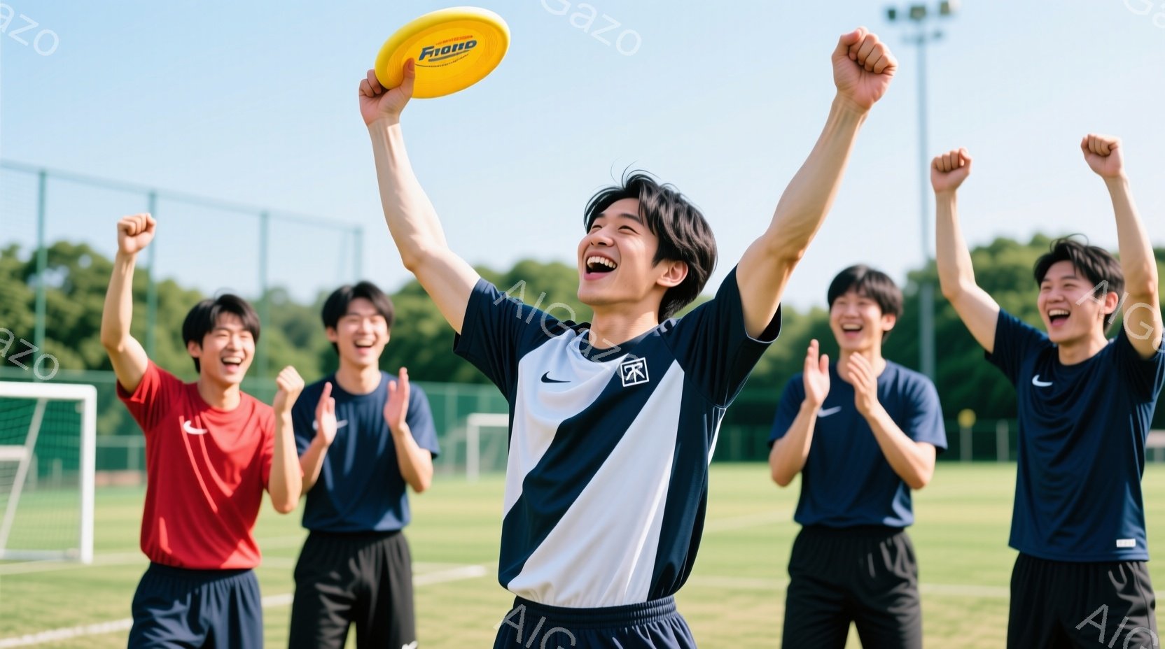 5人の若い男性が、屋外のサッカー場で勝利を祝っている様子が写っている。中央の男性は白と黒のストライプのシャツと黒いショーツを着用し、両手を高く上げて喜んでおり、他の4人は赤いシャツまたは白シャツと黒いショーツを着用して拍手している。背景には緑の芝生、サッカーゴール、そして晴天の空が見え、全体的に活気に満ちた喜びの雰囲気が漂っている。