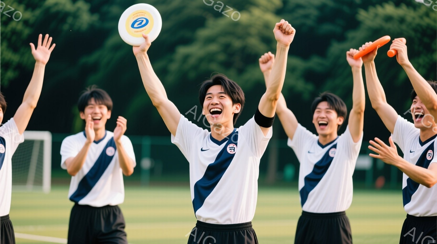 複数の若い男性が、スポーツウェアを着て、腕を上げて歓喜している様子が写っている。彼らは白いシャツに黒いストライプ、黒いショーツを着用し、それぞれ手にボールやフリスビーを持っている。背景には緑の芝生とサ - AI生成フリー素材