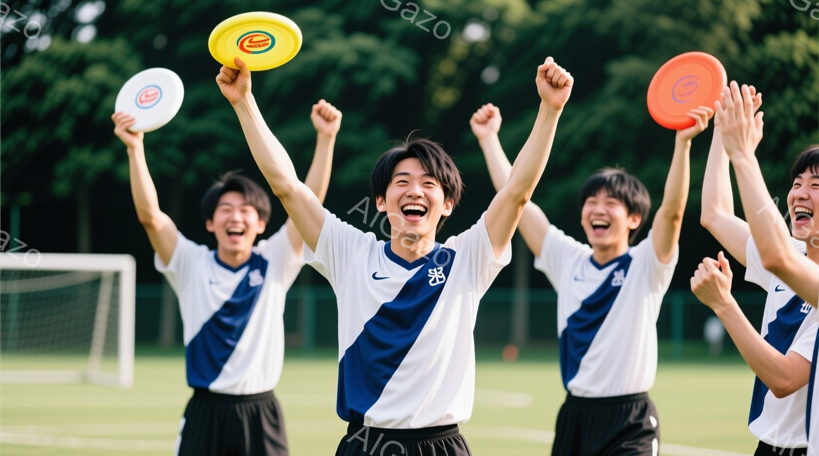 白と紺色のストライプのスポーツウェアを着た若い男性たちが、空中に投げられたフリスビーをキャッチしようと両手を高く上げて歓声をあげています。彼らは皆、短い黒髪で、笑顔で興奮した表情をしています。背景には - AI生成フリー素材