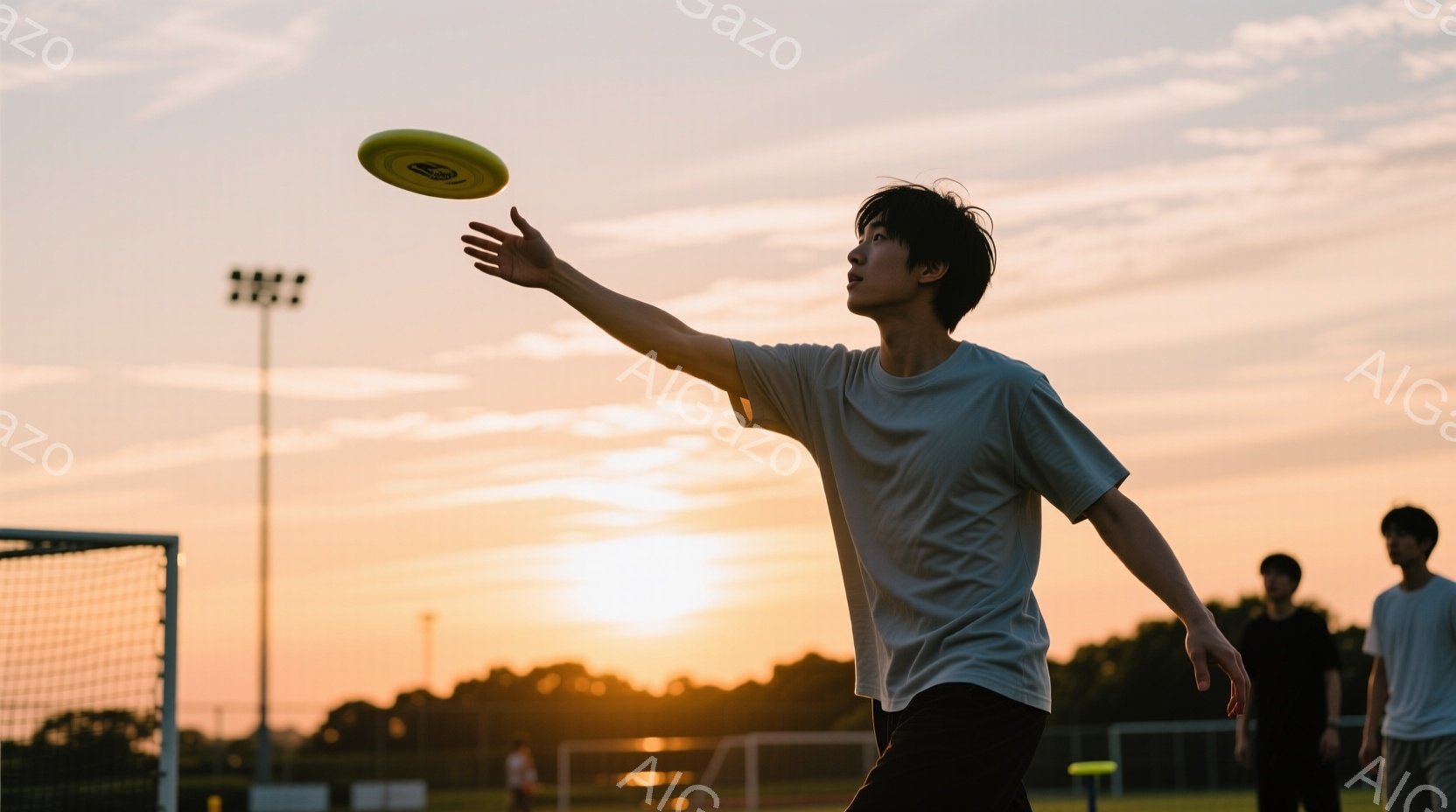 夕焼けを背景に、若い男性がフリスビーを投げようとしている姿が写っている。彼は白いTシャツと黒い短パン姿で、髪は短く、少し前髪が垂れている。背景にはサッカーゴールや緑豊かな木々が見え、暖かい夕日の光が全 - AI生成フリー素材
