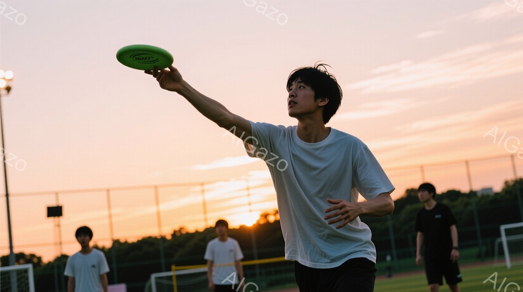 夕焼けを背景に、若い男性がフリスビーを投げようとしている瞬間を捉えた写真です。彼は白いTシャツと黒い短パンを着用し、黒髪を短く切ったスタイルで、顔はフリスビーの方向に向けられ、集中した表情をしています - AI生成フリー素材