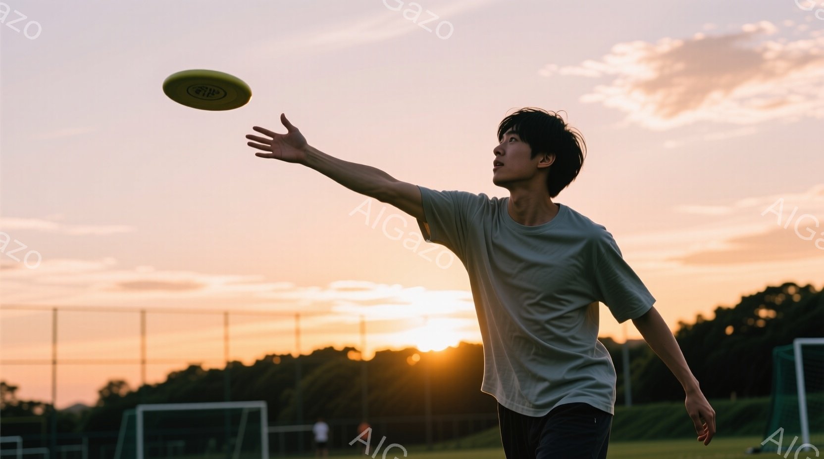 若い男性が夕暮れ時のサッカー場にて、フリスビーを投げようとしている瞬間を捉えた写真です。彼は薄い緑色のTシャツと黒い短パンを着用し、少し長めの髪を無造作にしています。背景にはサッカーゴールや緑豊かな木々が見え、空はオレンジとピンクのグラデーションで、穏やかで暖かい雰囲気を醸し出しています。