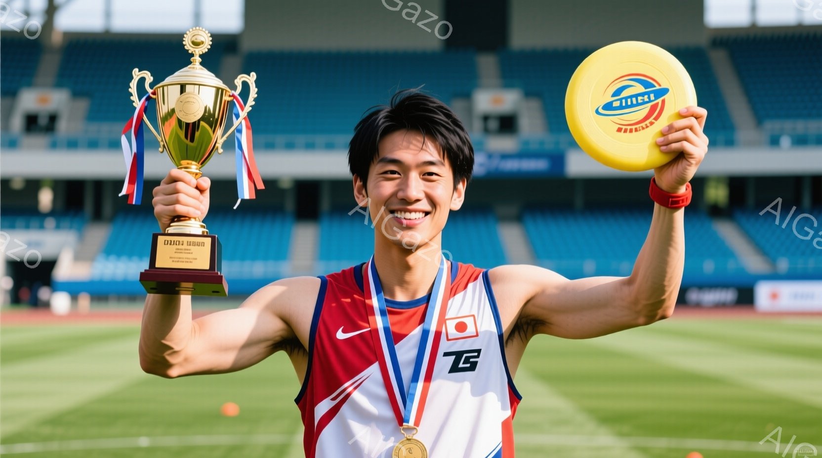 若い男性アスリートが、片手にトロフィー、もう片手にフリスビーを持って満面の笑みを浮かべている。彼は赤いタンクトップと黒いショーツ姿で、首にはメダルがかけられ、髪は短く整えられている。背景には観客席や緑 - AI生成フリー素材