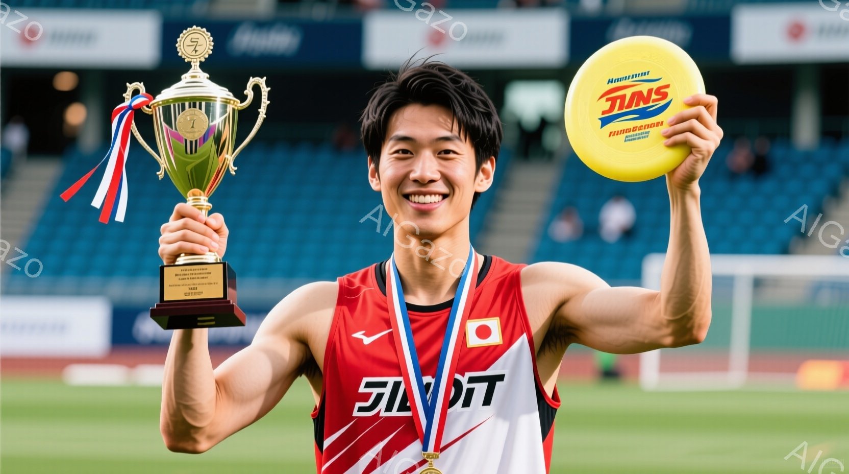 日本の陸上競技選手が勝利を喜び、片手にトロフィー、もう片手にバスケットボールのようなボールを持っている様子が写っています。選手は赤い陸上競技着を着用し、短髪で、満面の笑みを浮かべており、非常に嬉しそう - AI生成フリー素材