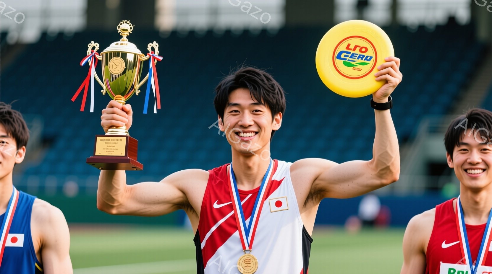 表彰台で若い男性アスリートがトロフィーとフリスビーを高々と掲げています。彼は白いタンクトップに赤いライン、青いショーツを着用し、金色のメダルを首にかけています。背景には緑の芝生とぼやけた観客席、そして - AI生成フリー素材