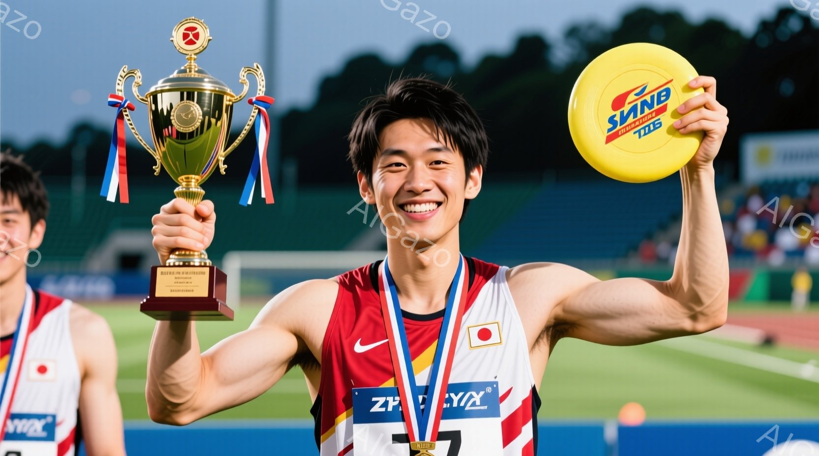 日本人男性の競技者が、トロフィーとボールを高く掲げ、満面の笑みを浮かべている。彼は赤と白のユニフォームを着用し、短髪で、首にはメダルがかけられている。背景には緑豊かな木々と競技場のトラックが見え、晴天 - AI生成フリー素材