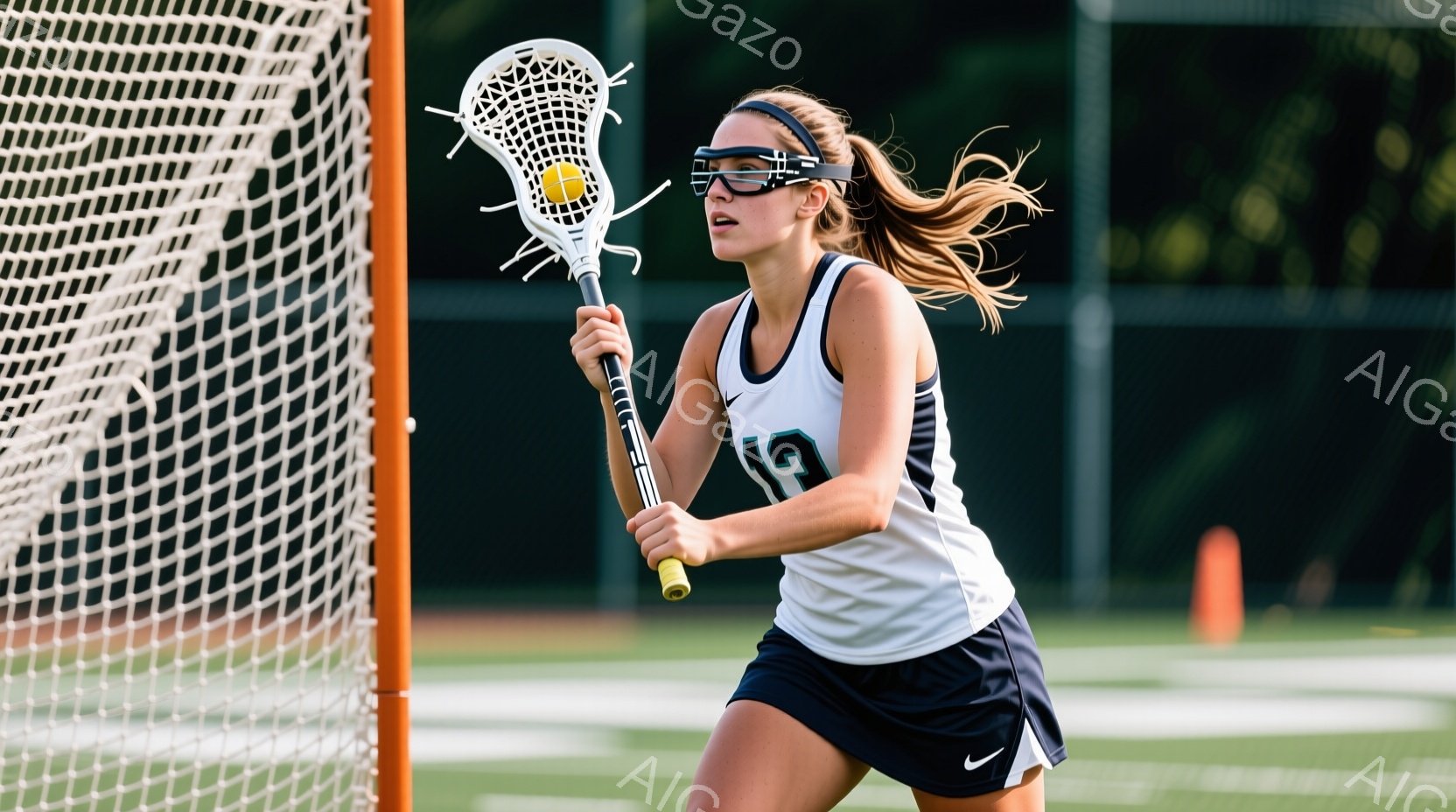 ラクロスをする女性アスリートが写っている。彼女は白いタンクトップと紺色のショートパンツを着ており、髪をポニーテールにしている。彼女はラクロススティックを握り、ネットの前に立って、競技に集中した表情をしている。