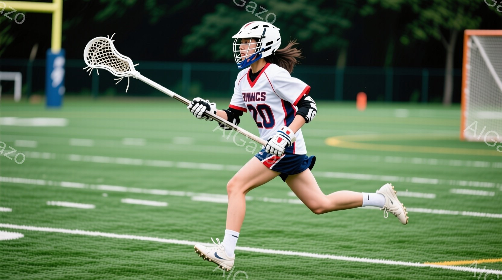 ラクロスをする若い女性選手が写っている。彼女は白と紺色のユニフォームに「20」の数字、ヘルメットを着用し、ラクロススティックを構えながら芝生の上を走っている。背景には緑の芝生、ラクロスのゴール、そして - AI生成フリー素材