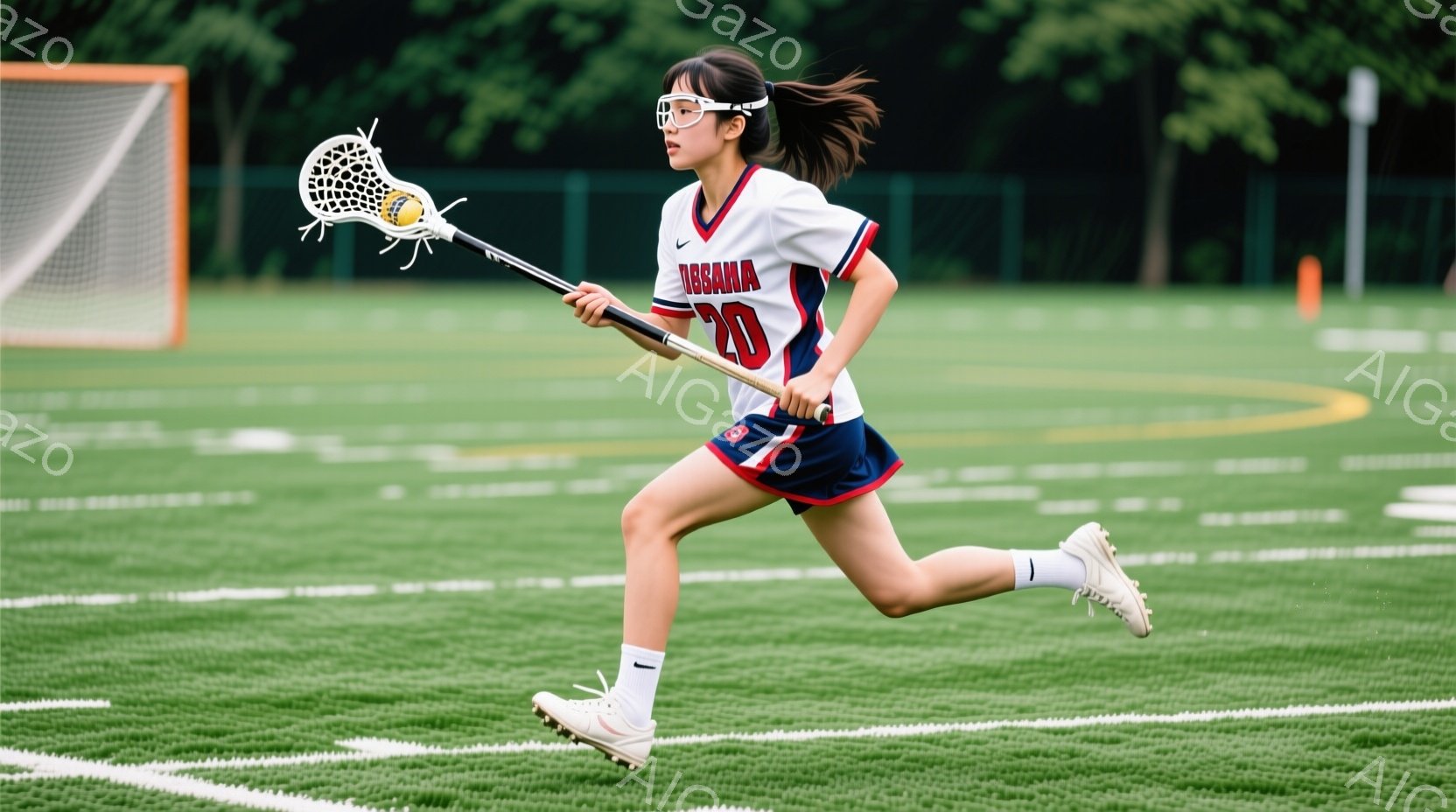 ラクロスをする若い女性アスリートが写っている。彼女は白とネイビーのユニフォームに、黒いヘアバンドをしており、髪はポニーテールに結ばれている。鮮やかな緑の芝生の上を走り、ラクロスのスティックを高く構え、競技に集中した表情をしている。