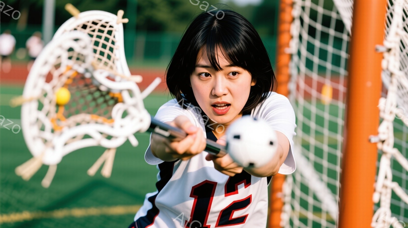 ラクロスをする若い女性が写っている。彼女は紺色のシャツに赤い数字の「12」がプリントされており、黒いショートヘアで、集中した表情でラクロススティックを前に突き出している。背景には緑の芝生とオレンジ色のラクロスゴールがあり、晴れた日の屋外での競技の様子が伝わる。