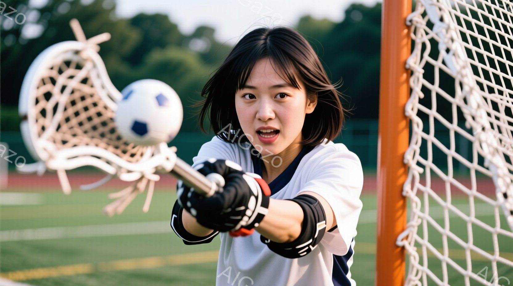 若い女性がラクロススティックを前に突き出し、ボールを捉えようとしています。彼女は白い半袖シャツに濃い色のインナー、黒い手袋を着用し、短くダークブラウンのヘアスタイルです。背景にはネットと緑豊かな木々が見え、晴れた日の屋外でスポーツを楽しんでいる様子が伺えます。