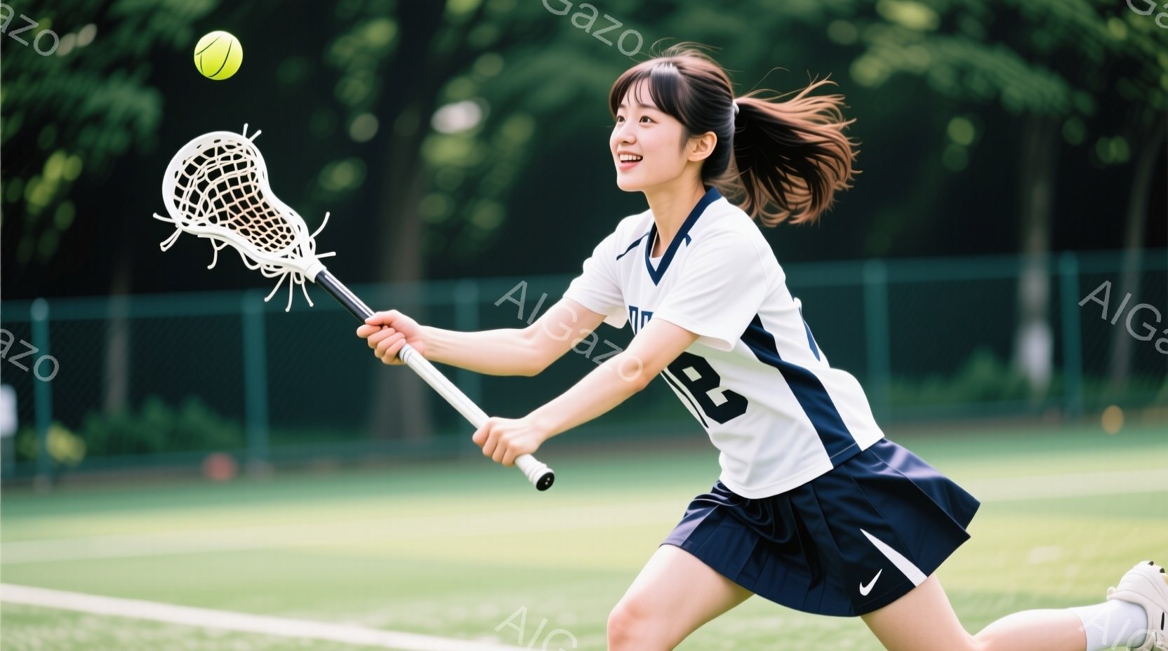 ラクロスをしている若い女性が写っています。白と紺色のユニフォームを着ており、髪はポニーテールに結ばれています。彼女はラクロススティックを振りかぶり、ボールを打ち込もうとしており、顔には笑顔が浮かんでい - AI生成フリー素材