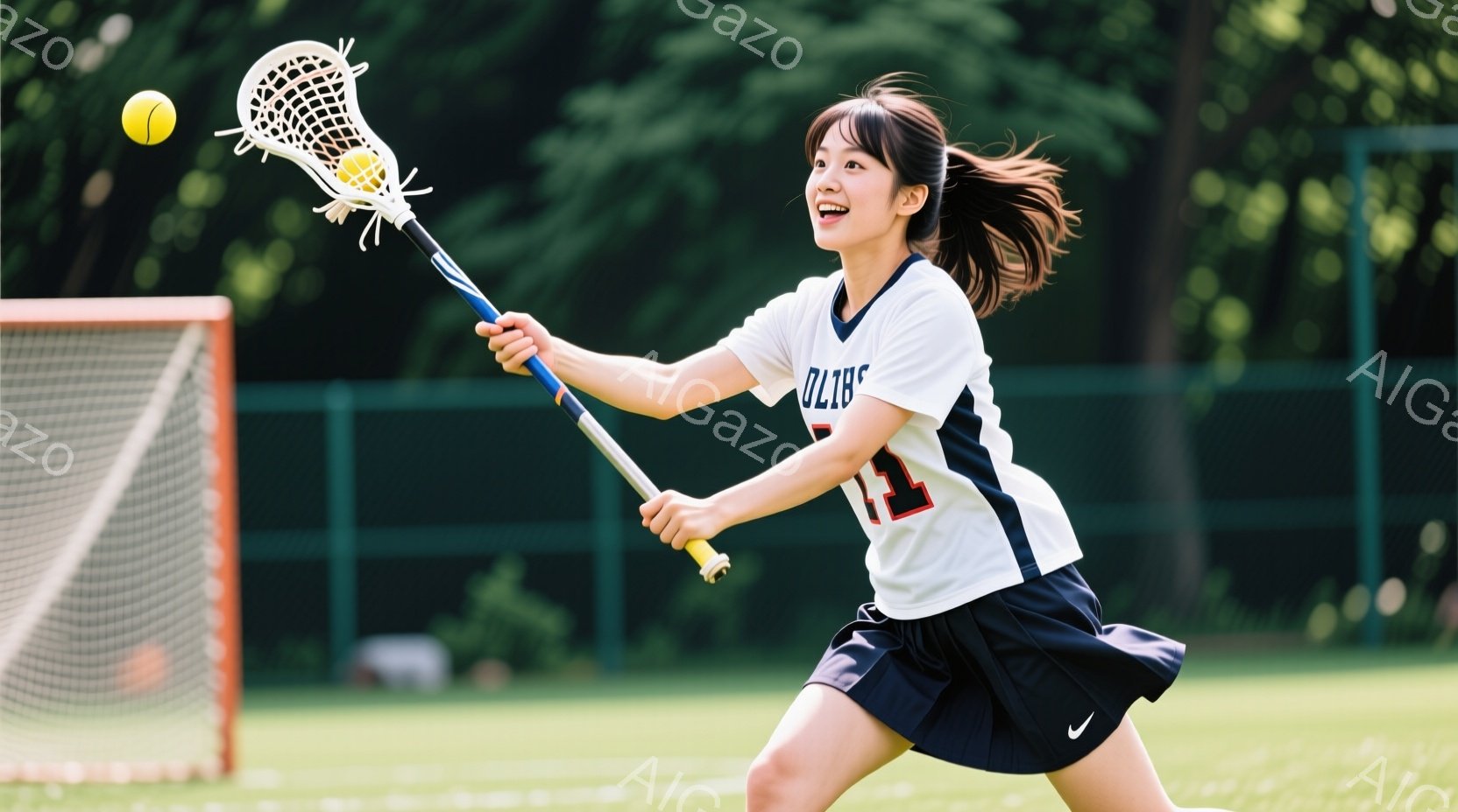 ラクロスをする女性が写っている。白地に黒のラインが入ったユニフォームと紺色のスカートを着用し、髪はポニーテールにしている。彼女はラクロススティックを高く掲げ、ボールをキャッチしようと躍動感のある姿勢で走り、顔には笑顔が浮かんでいる。