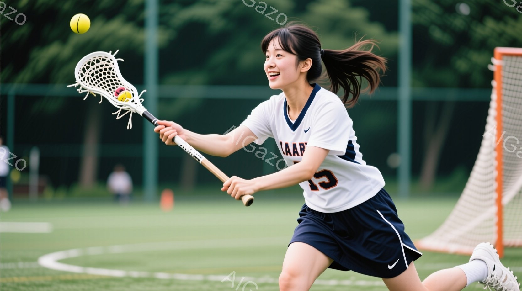 ラクロスをしている若い女性が写っています。白いポロシャツに紺色の短パン、白いソックスとスニーカーを着用し、髪は高い位置でポニーテールに結ばれています。彼女はラクロススティックを構え、走っており、笑顔で - AI生成フリー素材