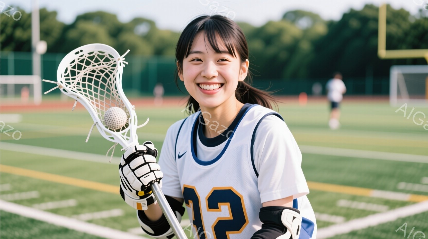 ラクロスをする若い女性が写っています。彼女は白いユニフォームに紺色の縁取りがあり、「12」の数字が大きくプリントされています。明るい笑顔を浮かべ、ラクロススティックを肩に担ぎ、自信に満ちた姿勢でカメラを見つめています。