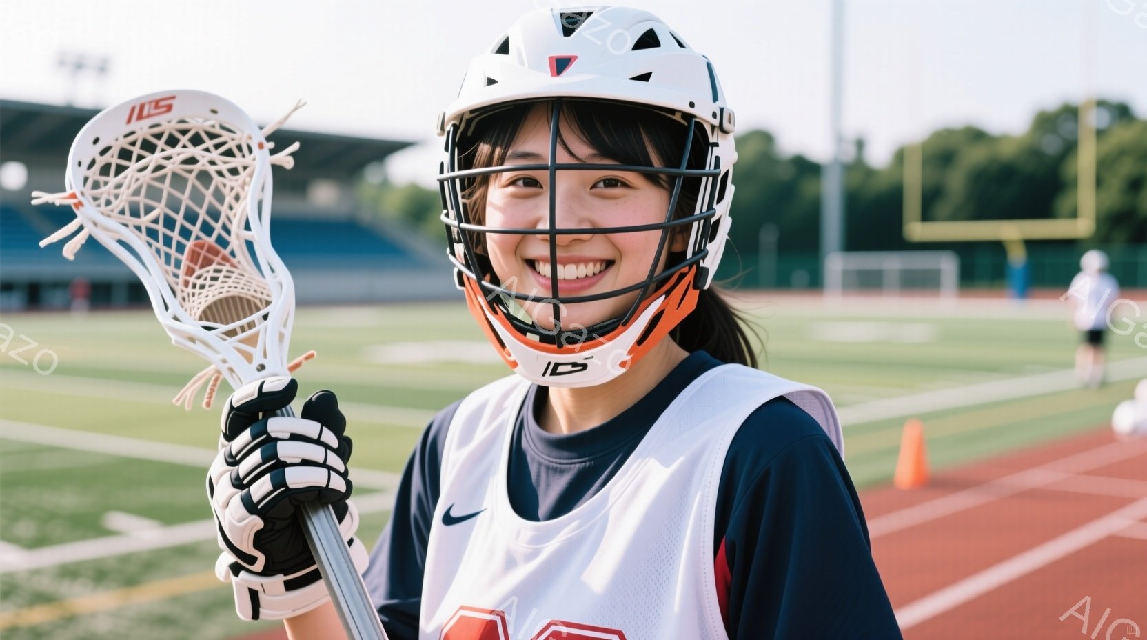 若い女性がラクロススティックを持って笑顔で立っています。紺色のシャツに白いベスト、ヘルメットを着用し、髪はポニーテールにまとめています。背景には緑の芝生とトラック、そしてぼやけた建物があり、晴れた日の - AI生成フリー素材