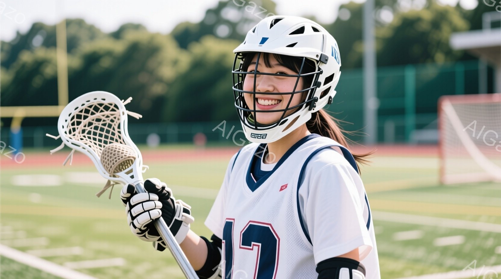ラクロスをしている若い女性が写っています。彼女は紺と白のユニフォーム、ヘルメット、グローブを着用し、ラクロスのスティックを持っています。背景は緑の芝生とトラックがあり、晴れた日の屋外で、彼女は笑顔でカ - AI生成フリー素材