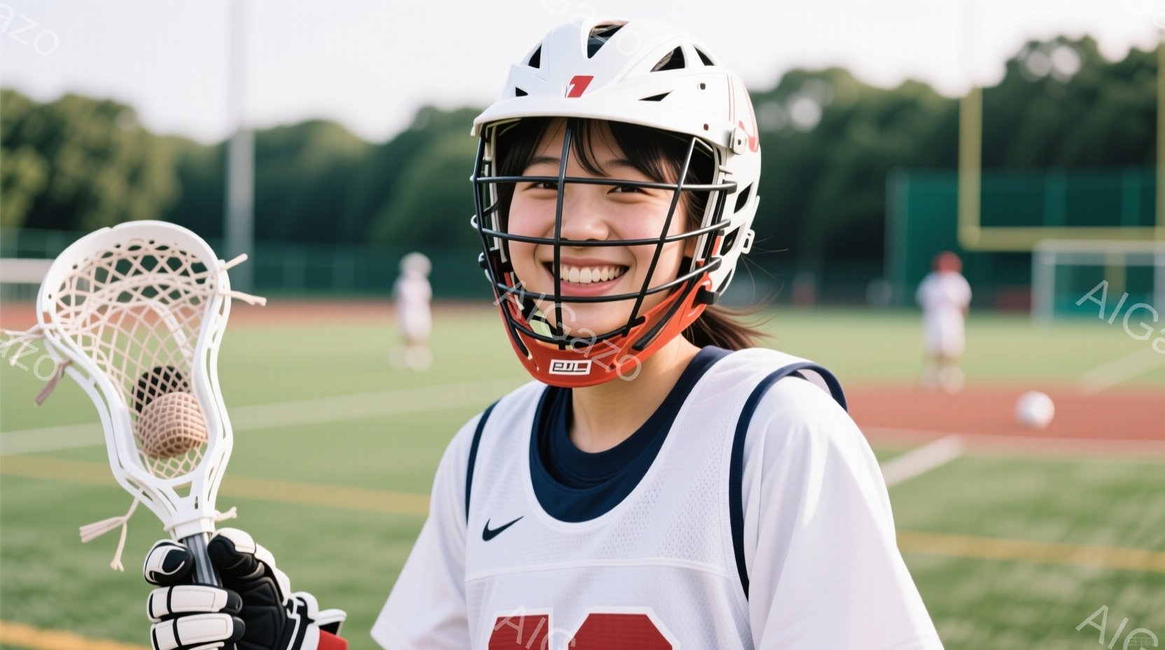 ラクロスをする若い女性が、笑顔でカメラに向かって立っている。彼女は白いヘルメットとオレンジ色のフェイスガード、青いラクロスのユニフォーム、黒いグローブを着用し、片手にラクロススティックを持っている。背 - AI生成フリー素材