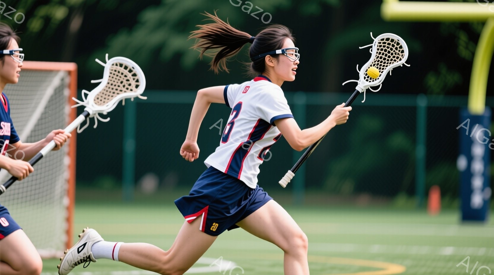 ラクロスをする若い女性選手が写っています。彼女は赤と白のストライプの入ったユニフォームと紺色のショートパンツを着用し、髪はポニーテールに結んでいます。背景には緑豊かな木々とラクロスのゴールが見え、晴れ - AI生成フリー素材