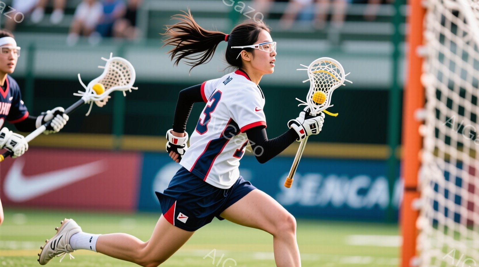 ラクロスをする女性アスリートが写っている。彼女は白いシャツに紺色のショートパンツ姿で、髪はポニーテールにしている。彼女は競技に集中しており、真剣な表情でラクロススティックを操作しながら前進している。