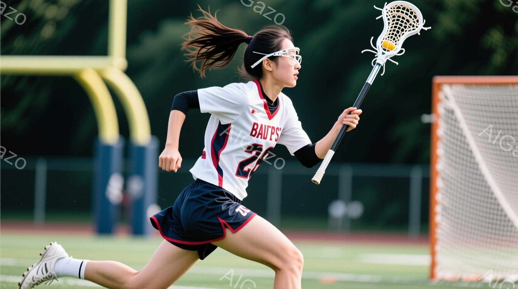 ラクロスをする若い女性アスリートが写っている。彼女は白と赤のストライプのシャツ、黒のショートパンツ、そして運動靴を着用し、髪を高いポニーテールにしている。緑の芝生の上を走り、ラクロススティックを高く構え、試合に集中している様子が伝わる。