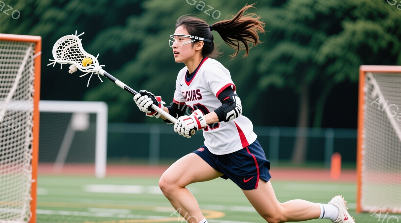 ラクロスをする女性アスリートが写っている。彼女は白と赤のストライプのユニフォームと紺色のショーツを着用し、髪は高く結ばれている。彼女はラクロススティックを握り、走りながらボールを運び、集中した表情で競 - AI生成フリー素材