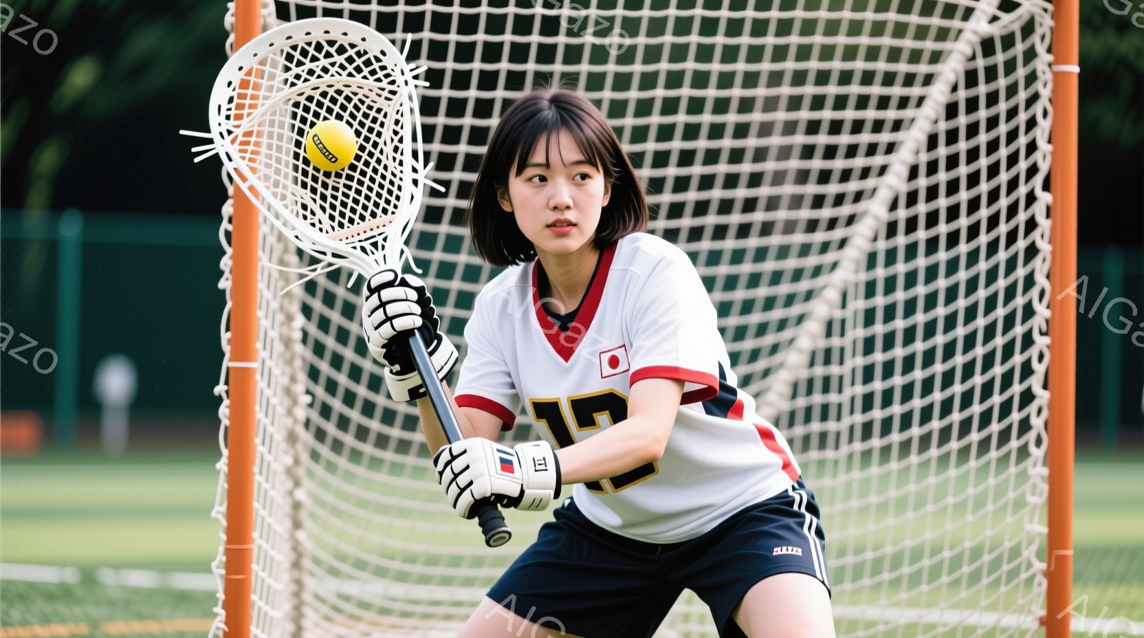 この女性はフィールドホッケーのゴールキーパーで、白いユニフォームと紺色のショートパンツを着用しています。彼女は黒髪で前髪を少し長く伸ばし、集中した表情でゴールを守る姿勢をとっています。背景には緑の芝生とネットでできたゴールが見え、晴天の下での競技が行われている様子が伺えます。