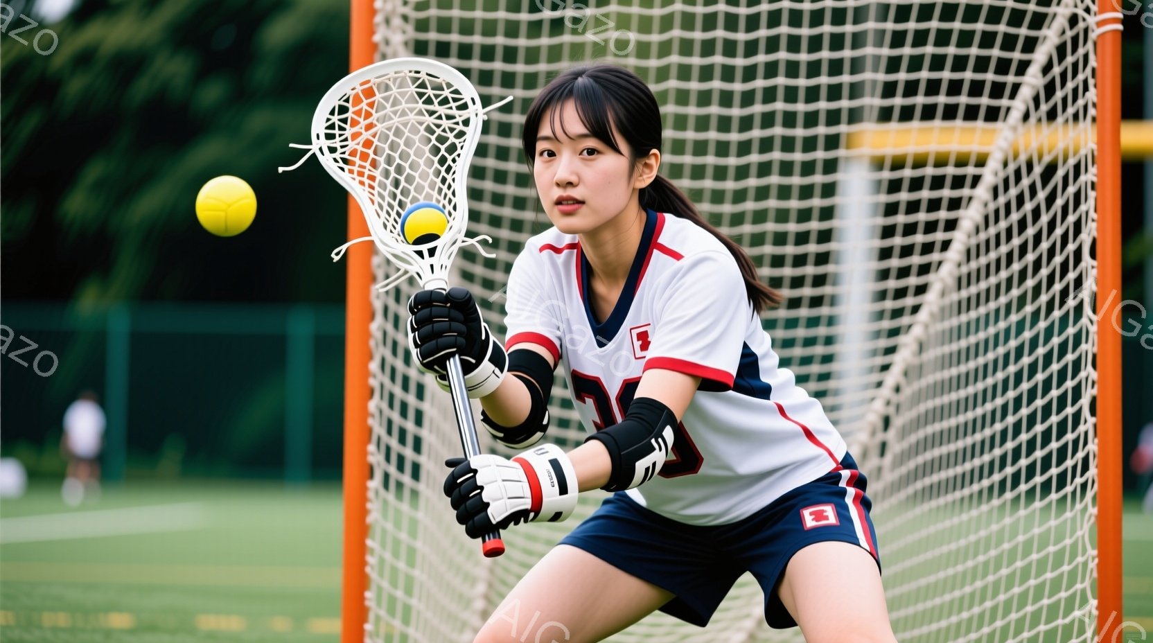 ラクロスをしている女性が写っています。白いシャツに紺色のショートパンツを着用し、髪は肩まで伸ばして軽くカールがかかっています。彼女はネットの前に立ち、ラクロススティックを高く持ち上げ、ボールをキャッチしようとしています。