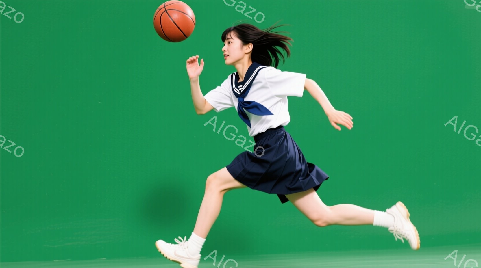 制服姿の女子生徒がバスケットボールを持って走り出している様子が写っている。紺色のスカートと白いブラウス、リボンに、運動靴を履き、髪はポニーテールになっている。背景は鮮やかな緑色で、人物に焦点が当てられ - AI生成フリー素材