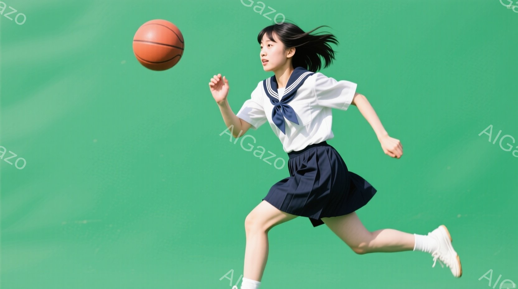 制服姿の女子高生が、ドリブルしながら走っている姿が捉えられています。白いブラウスに濃い青色のスカート、白い靴下とスニーカーを履き、髪はポニーテールに結ばれています。背景は緑色の芝生で、晴天の下、活気に - AI生成フリー素材