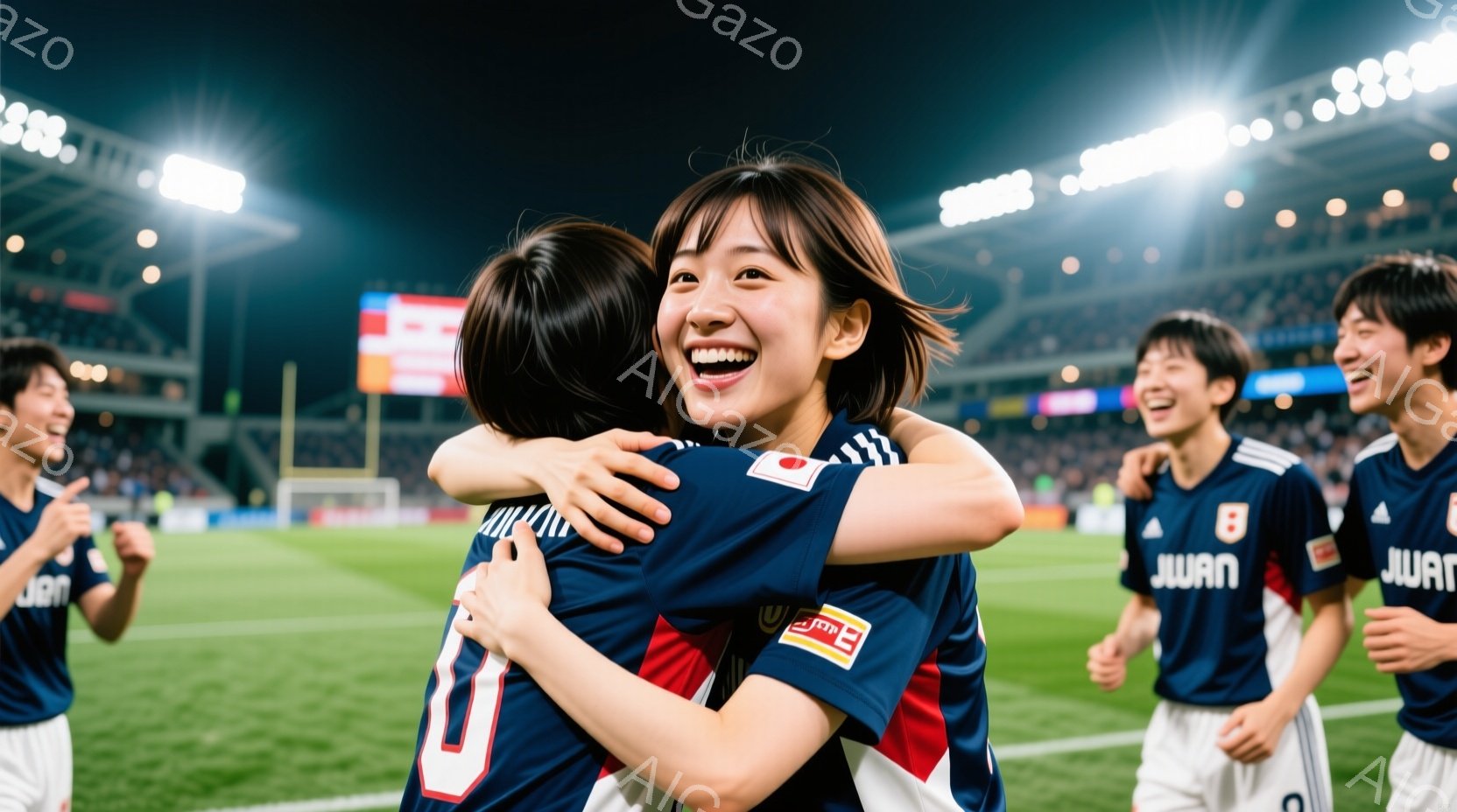 日本のサッカー選手たちが勝利を祝って抱き合っている様子が写っています。紺色と赤のユニフォームを着た選手たちは、満面の笑みを浮かべ、興奮と喜びを表現しています。背景には、夜のスタジアムの観客席が見え、熱 - AI生成フリー素材