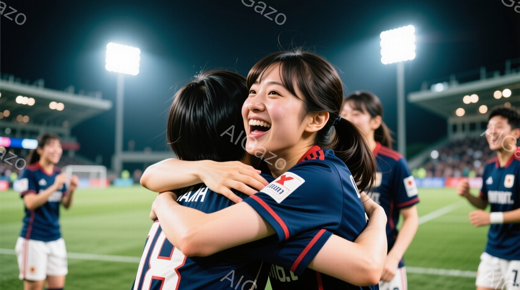 サッカーの試合後、二人の女性選手が抱き合って喜びを分かち合っている様子が写っています。彼女たちは紺色のユニフォームと白いショートパンツを着用し、髪をポニーテールにしています。背景には他の選手たちが祝福し、スタジアムの照明が輝き、夜空の下での熱狂的な雰囲気を醸し出しています。