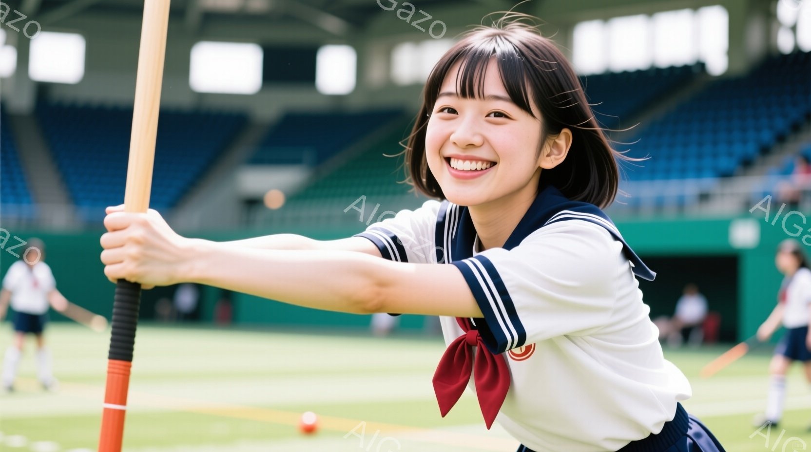 若い女性が、ラクロススティックと金色のトロフィーを持って笑顔で立っています。彼女は赤いラインが入った白いラクロスユニフォームを着用し、髪は後ろでポニーテールにまとめています。背景には緑豊かな植物とラク - AI生成フリー素材