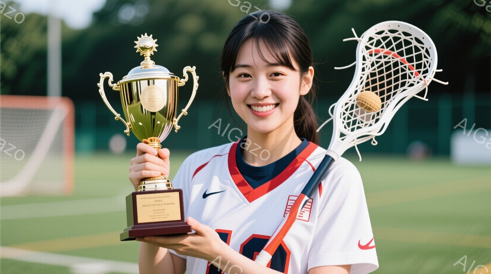 若い女性が、片手にトロフィーを持ち、笑顔でこちらを見ている。彼女はネイビーのアンダーシャツに、赤と白のストライプが入ったラクロスウェアを着ており、髪は後ろでポニーテールに結ばれている。背景には緑の芝生 - AI生成フリー素材