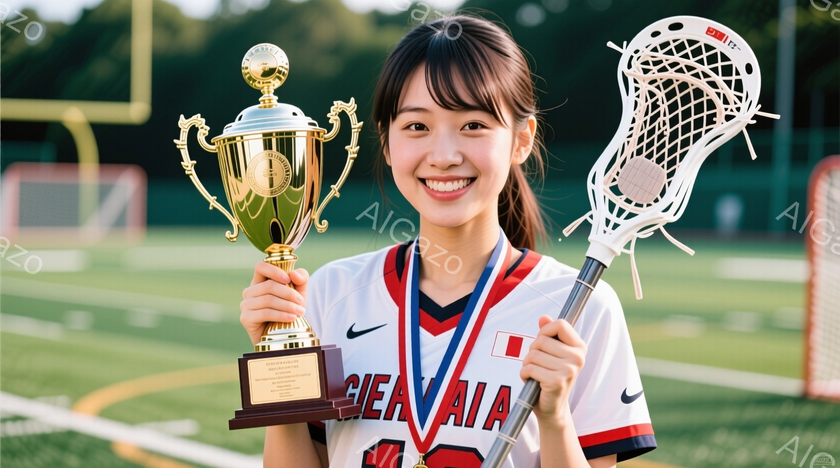 若い女性が、ラクロススティックを肩にかけ、片手にトロフィーを持って笑顔で立っています。彼女は赤いシャツに白い文字が入り、首にはメダルがかけられています。背景には、緑豊かな木々とコート、そして一部の建物 - AI生成フリー素材