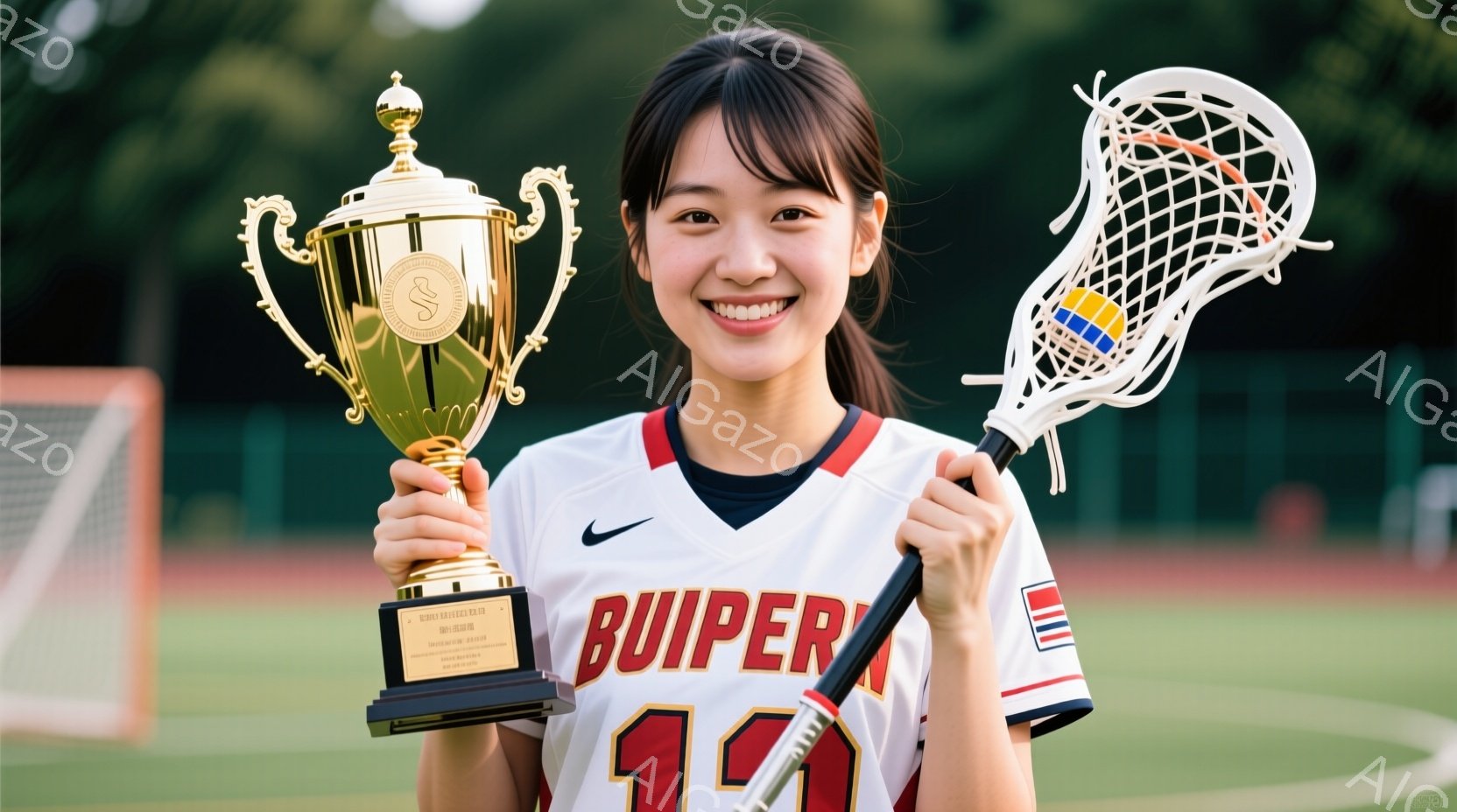 若い女性が、ラクロススティックと金色のトロフィーを持って笑顔で立っています。彼女は赤いトリミングの白いラクロスジャージーを着ており、髪は後ろでポニーテールにまとめられています。背景には緑の芝生とラクロ - AI生成フリー素材