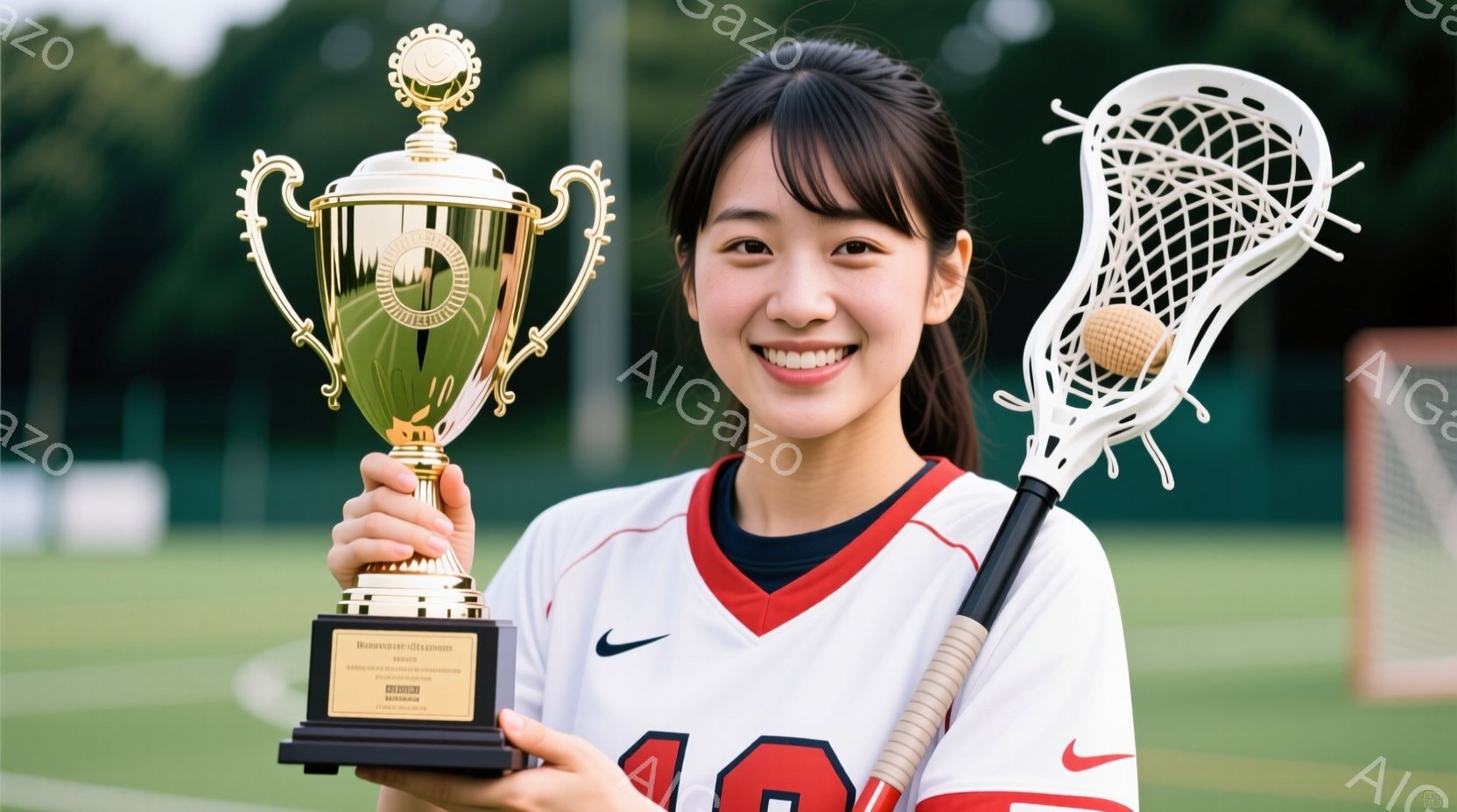 若い女性が、ラクロススティックと金色のトロフィーを手に笑顔で立っている。彼女は赤いトリムのある白いラクロスポロシャツを着ており、髪は肩にかかる長さで、前髪が少しふさふさしている。背景には緑の芝生と木々 - AI生成フリー素材