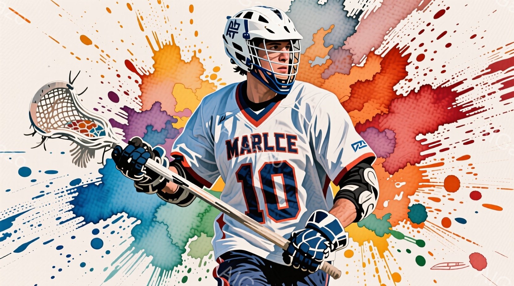 ラクロス選手が、青とオレンジのユニフォームとヘルメットを身に着け、ラクロススティックを構えて立っている。彼は少し前かがみの姿勢で、集中した表情で試合に臨んでいるようだ。背景はカラフルな水彩画のようなタッチで、ダイナミックな雰囲気を作り出している。