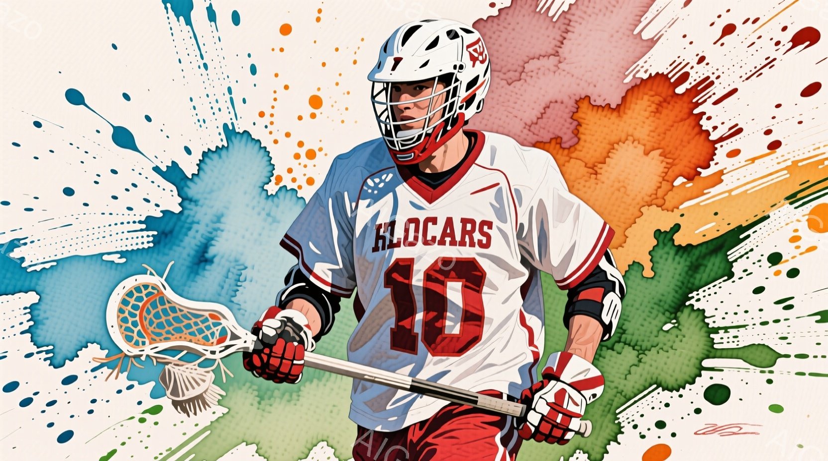 ラクロス選手が、赤と白のユニフォームとヘルメットを身につけ、ラクロスのスティックを構えている。彼は視線を前に向け、決意に満ちた表情で、スポーティーな姿勢を保っている。背景は、さまざまな色の水彩のようなスプラッシュで、ダイナミックでエネルギッシュな雰囲気を作り出している。