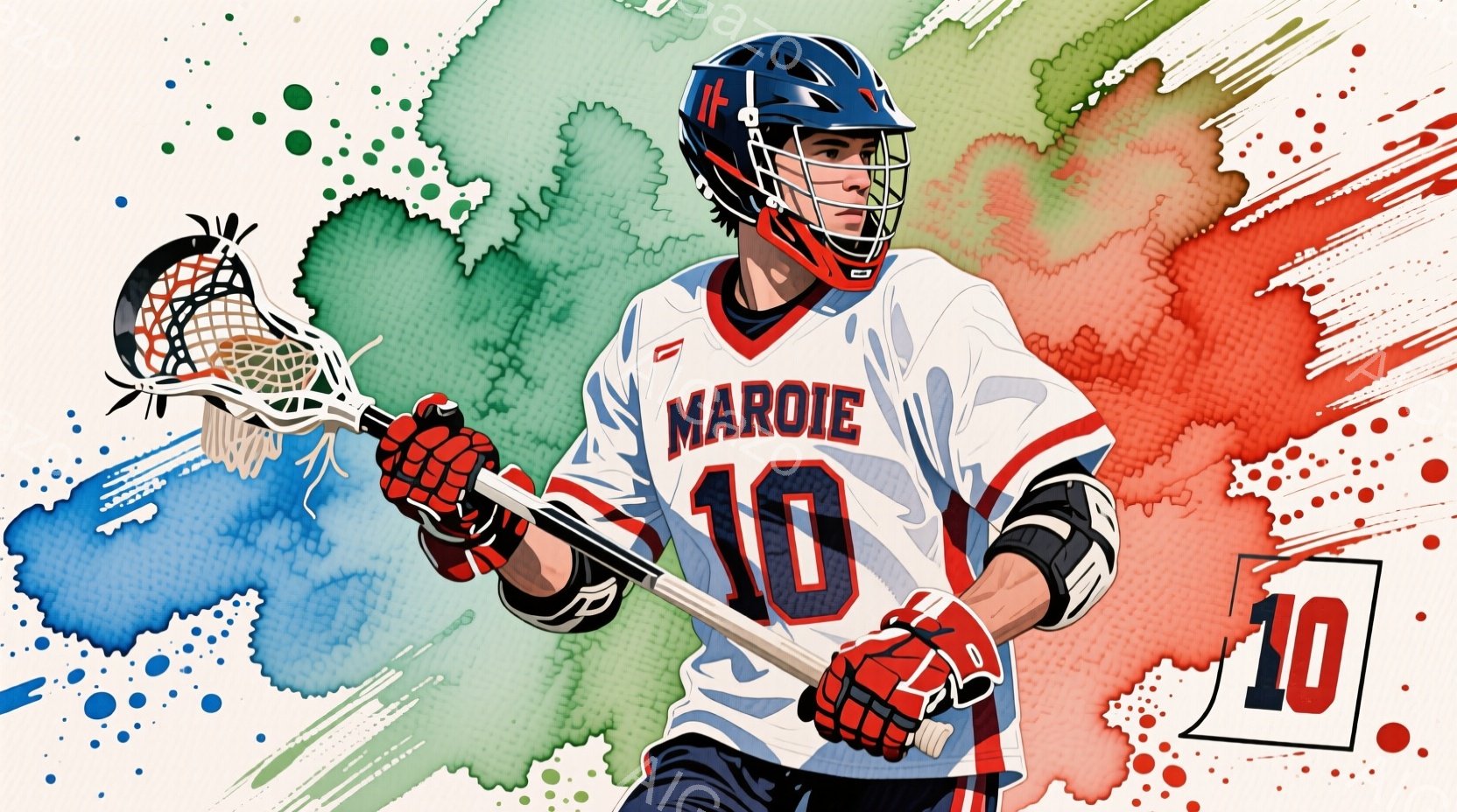 ラクロスをする若い男性が描かれています。彼は白いユニフォームに赤い数字の「10」が大きくプリントされており、黒いヘルメットとグローブを着用しています。背景は、赤、青、緑の水彩画のような色彩が混ざり合い、ダイナミックで活気のある雰囲気を醸し出しています。