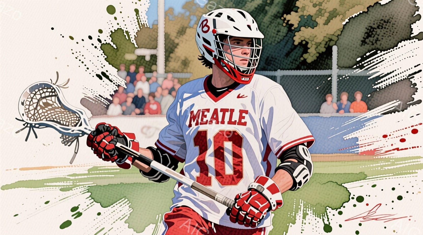 ラクロス選手が試合中にボールをキャッチしようとしている瞬間を捉えた写真です。白地に赤と紺のラインが入ったユニフォームを着ており、黒髪を少し無造作にした若々しい表情をしています。背景には緑の芝生とネットのゴールが見え、晴れた日の競技場の活気ある雰囲気が伝わってきます。