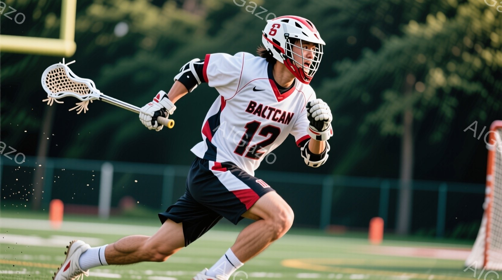 ラクロス選手が競技場で疾走している様子が写っている。彼は白と黒のストライプのシャツ、黒いショーツ、そしてヘルメットを着用し、ラクロススティックを構えている。背景には緑の芝生、オレンジ色のポール、そして - AI生成フリー素材