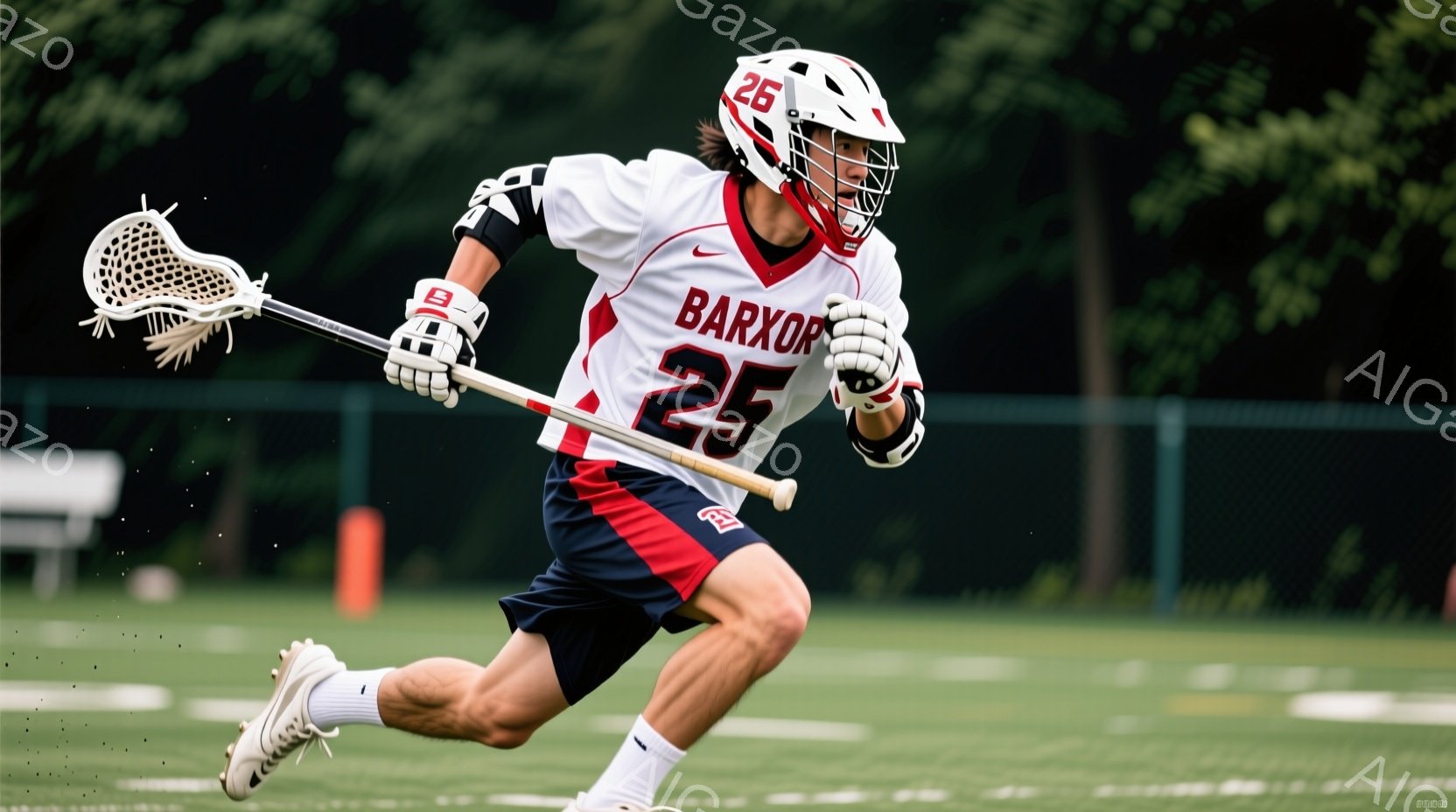 ラクロス選手が緑のフィールドを疾走している。赤とネイビーのユニフォームに「BARXOR」と背番号「25」が書かれ、白のヘルメットを着用し、決意に満ちた表情で前を見据えている。背景にはフェンスと緑豊かな木々が見え、晴天の下で活気のある競技が行われている様子が伝わる。
