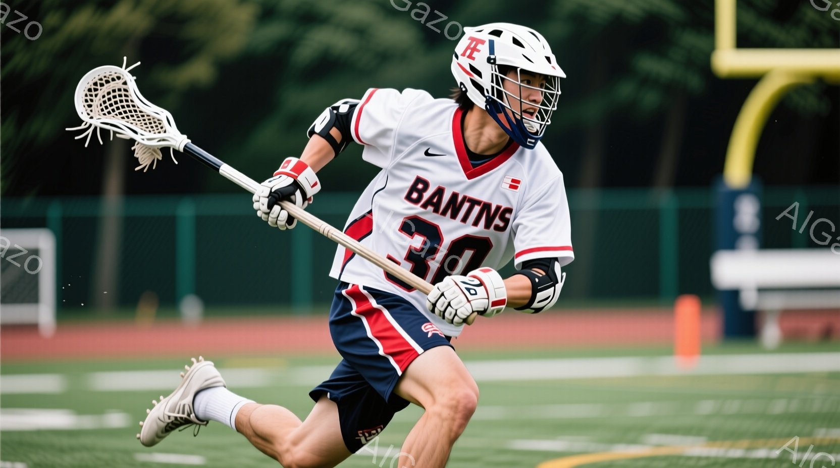 ラクロス選手が紺色のショートパンツと白と赤のストライプが入ったラクロスシャツを着て、緑色のフィールドを疾走している。ヘルメットを被り、ラクロススティックを構え、集中した表情をしている。背景には緑豊かな - AI生成フリー素材