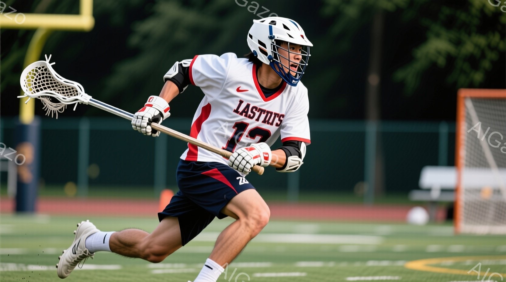 ラクロス選手が緑のフィールドを疾走している。赤と紺のユニフォームを着ており、ヘルメットをかぶり、ラクロススティックを構えている。背景にはネットと緑豊かな木々が見え、晴れた日の活気ある試合の雰囲気が漂っている。