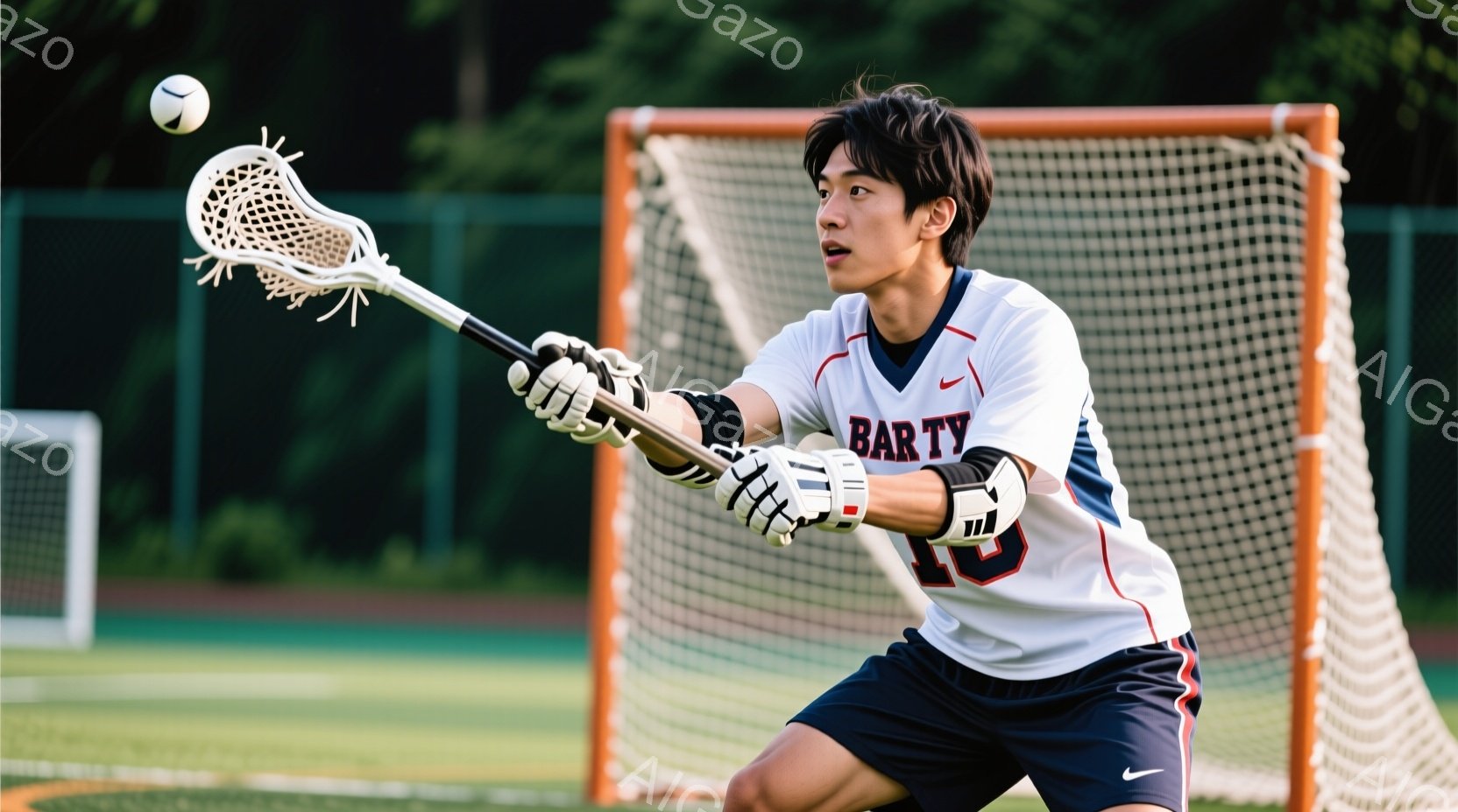 ラクロスをしている若い男性が写っている。彼は白いシャツに赤いラインと「BAR」の文字、黒いショーツ、そして手袋を着用し、屈み込みながらラクロススティックを高く掲げ、ボールをキャッチしようとしている。背景には緑の芝生、金属製のゴールネット、そしてぼやけた緑の木々が見え、晴れた日の屋外でのスポーツ活動の様子が伺える。