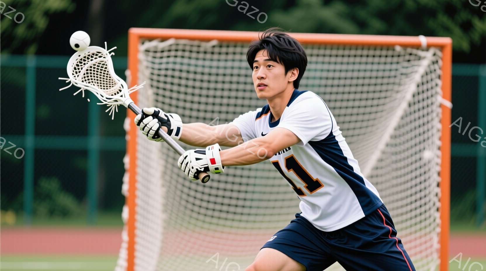 ラクロスをする若い男性が写っている。彼は白地に紺色の縁取りと「11」の数字が入ったユニフォームと紺色のショーツを着用し、左手にラクロスのスティックを構え、ボールを狙っている。背景にはオレンジ色のゴールネットと緑の木々が見え、晴天の下でのスポーツシーンを捉えている。