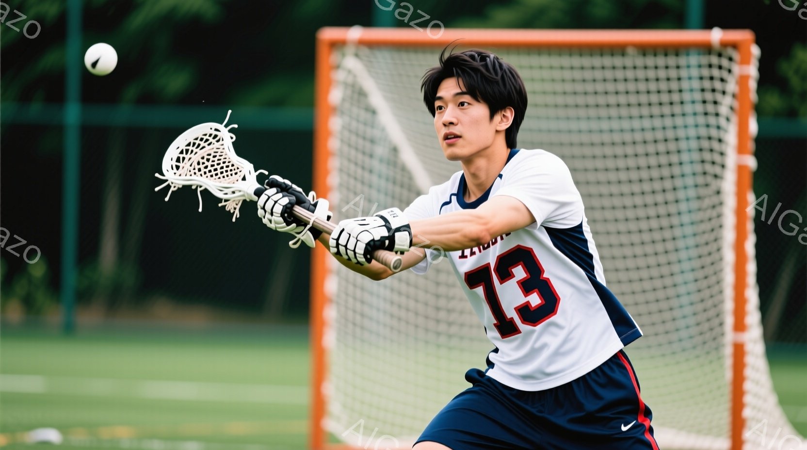 若い男性がラクロススティックを構え、ボールをキャッチしようとしている姿が写っている。白地に赤字の「13」が入ったユニフォームと紺色のショーツを着用し、短髪で引き締まった表情をしている。背景には緑の芝生とラクロスのゴールネットが写り、晴天の下、活気のある競技の様子が伝わってくる。